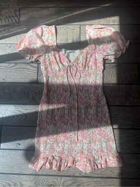 Glamorous UK Floral Pink Puff Sleeve Smocked Mini Dress
